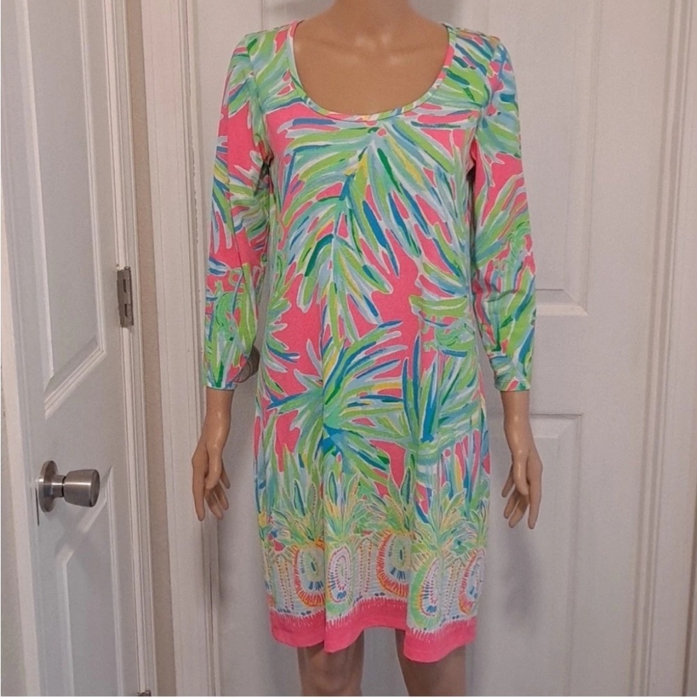 Lilly Pulitzer Beacon Tiki Shift Dress Palm Tree Tropical Pima Cotton Large #684
